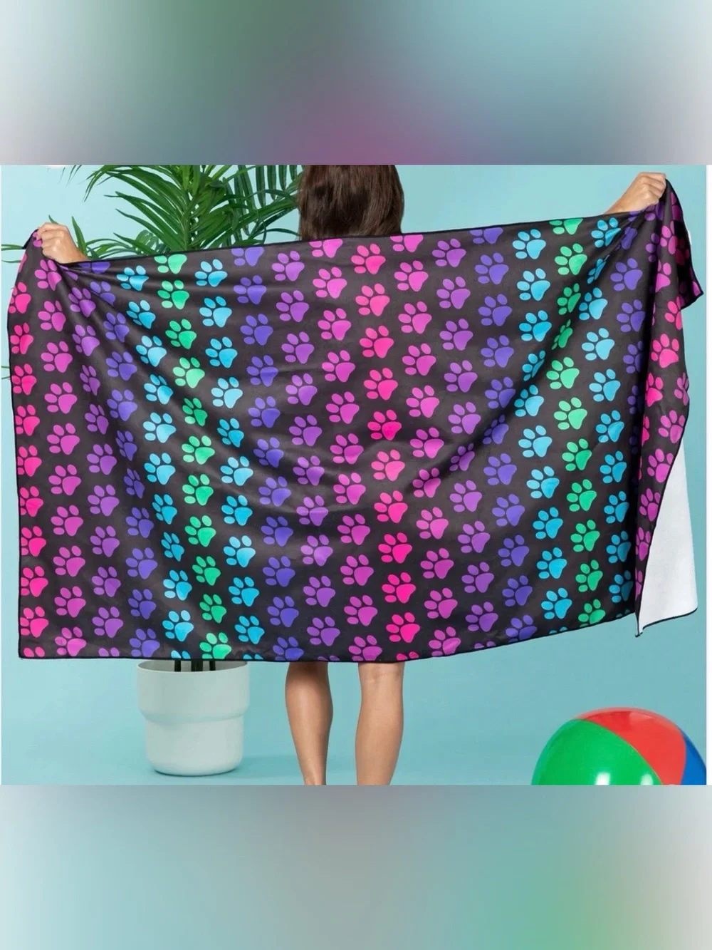 Black and Neon Pawprints Microfiber Beach Towel With Drawstring Carry Bag